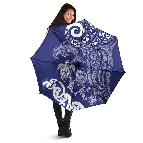 New Zealand Sea Animals with Maori Tribal Tattoo Umbrella Blue Color