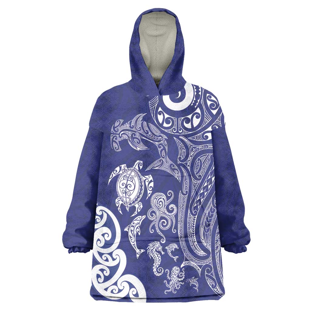 New Zealand Sea Animals with Maori Tribal Tattoo Wearable Blanket Hoodie Blue Color