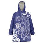 New Zealand Sea Animals with Maori Tribal Tattoo Wearable Blanket Hoodie Blue Color