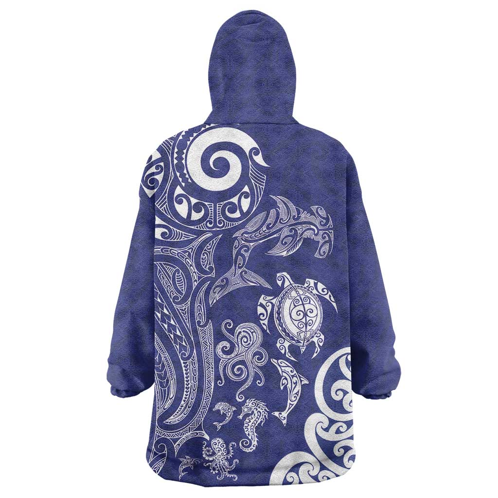 New Zealand Sea Animals with Maori Tribal Tattoo Wearable Blanket Hoodie Blue Color