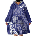 New Zealand Sea Animals with Maori Tribal Tattoo Wearable Blanket Hoodie Blue Color