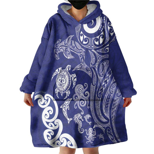 New Zealand Sea Animals with Maori Tribal Tattoo Wearable Blanket Hoodie Blue Color
