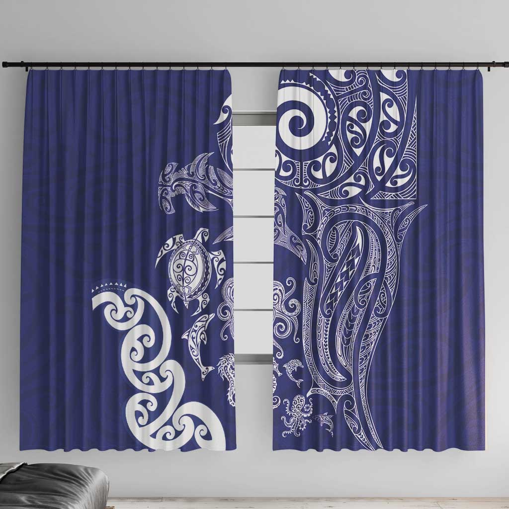 New Zealand Sea Animals with Maori Tribal Tattoo Window Curtain Blue Color