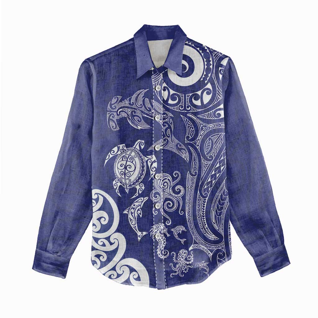 New Zealand Sea Animals with Maori Tribal Tattoo Women Casual Shirt Blue Color