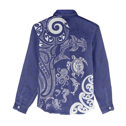 New Zealand Sea Animals with Maori Tribal Tattoo Women Casual Shirt Blue Color