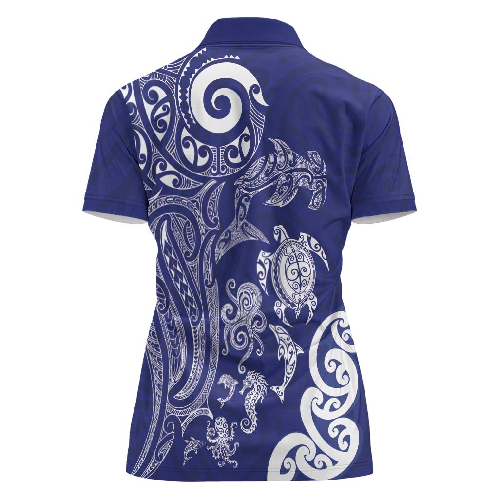 New Zealand Sea Animals with Maori Tribal Tattoo Women Polo Shirt Blue Color