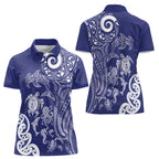 New Zealand Sea Animals with Maori Tribal Tattoo Women Polo Shirt Blue Color