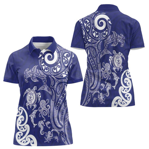 New Zealand Sea Animals with Maori Tribal Tattoo Women Polo Shirt Blue Color