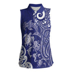 New Zealand Sea Animals with Maori Tribal Tattoo Women Sleeveless Polo Shirt Blue Color