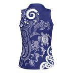 New Zealand Sea Animals with Maori Tribal Tattoo Women Sleeveless Polo Shirt Blue Color