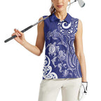 New Zealand Sea Animals with Maori Tribal Tattoo Women Sleeveless Polo Shirt Blue Color