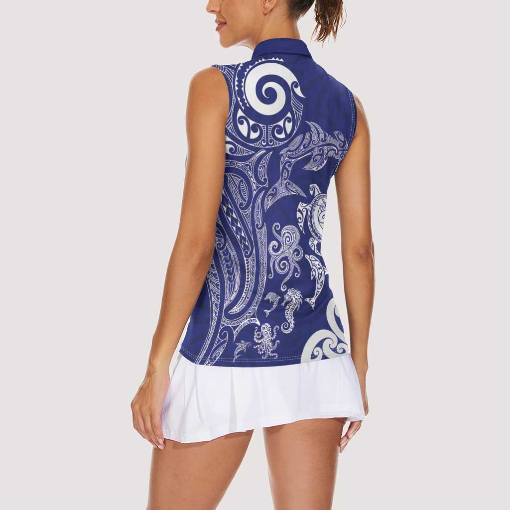 New Zealand Sea Animals with Maori Tribal Tattoo Women Sleeveless Polo Shirt Blue Color