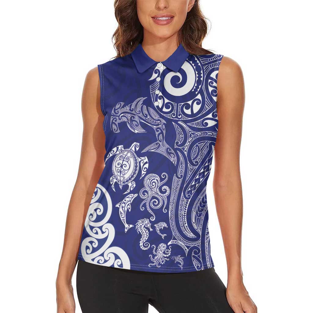 New Zealand Sea Animals with Maori Tribal Tattoo Women Sleeveless Polo Shirt Blue Color