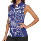 New Zealand Sea Animals with Maori Tribal Tattoo Women Sleeveless Polo Shirt Blue Color