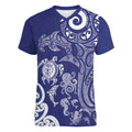 New Zealand Sea Animals with Maori Tribal Tattoo Women V-Neck T-Shirt Blue Color