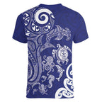 New Zealand Sea Animals with Maori Tribal Tattoo Women V-Neck T-Shirt Blue Color