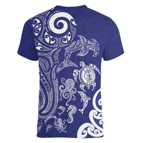 New Zealand Sea Animals with Maori Tribal Tattoo Women V-Neck T-Shirt Blue Color