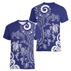 New Zealand Sea Animals with Maori Tribal Tattoo Women V-Neck T-Shirt Blue Color