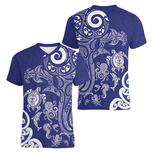 New Zealand Sea Animals with Maori Tribal Tattoo Women V-Neck T-Shirt Blue Color