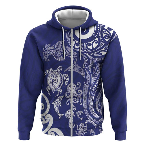 New Zealand Sea Animals with Maori Tribal Tattoo Zip Hoodie Blue Color