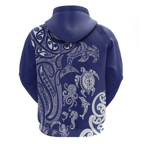 New Zealand Sea Animals with Maori Tribal Tattoo Zip Hoodie Blue Color