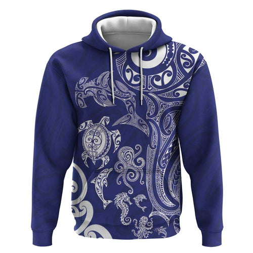 New Zealand Sea Animals with Maori Tribal Tattoo Zip Hoodie Blue Color