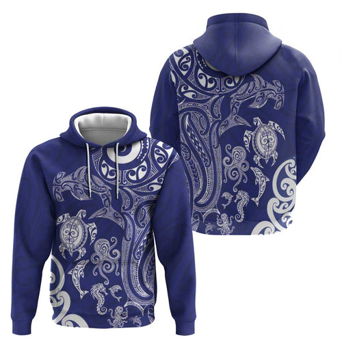 New Zealand Sea Animals with Maori Tribal Tattoo Zip Hoodie Blue Color