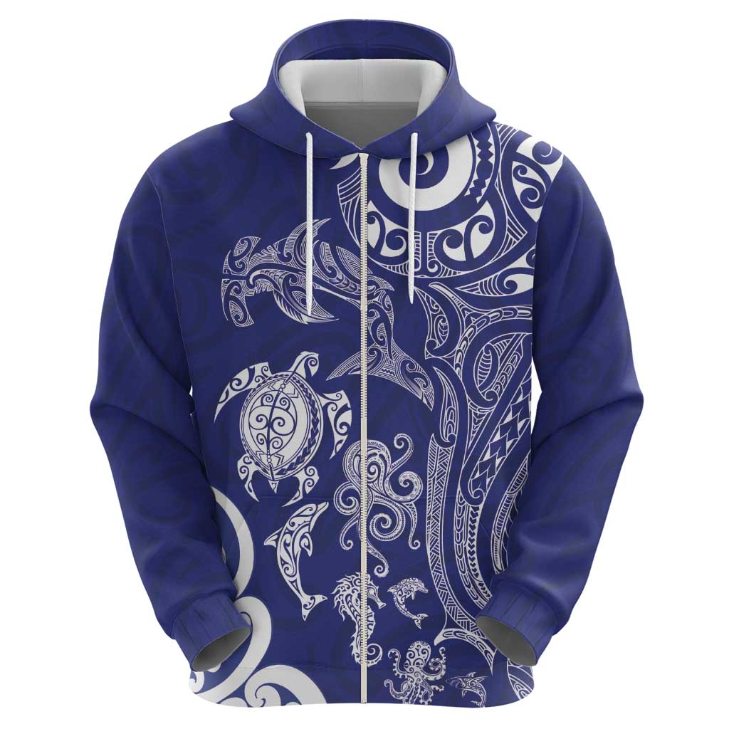 New Zealand Sea Animals with Maori Tribal Tattoo Zip Hoodie Blue Color