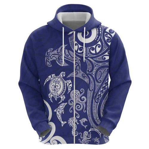 New Zealand Sea Animals with Maori Tribal Tattoo Zip Hoodie Blue Color