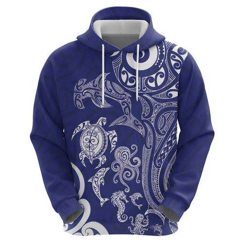 New Zealand Sea Animals with Maori Tribal Tattoo Zip Hoodie Blue Color