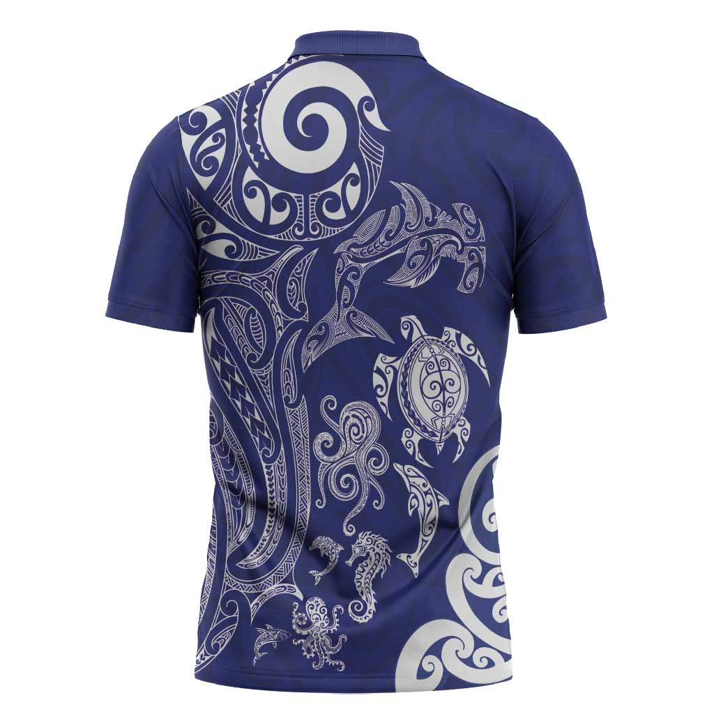 New Zealand Sea Animals with Maori Tribal Tattoo Zipper Polo Shirt Blue Color