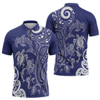 New Zealand Sea Animals with Maori Tribal Tattoo Zipper Polo Shirt Blue Color