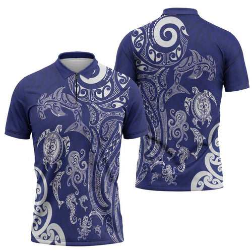 New Zealand Sea Animals with Maori Tribal Tattoo Zipper Polo Shirt Blue Color