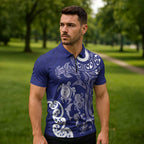 New Zealand Sea Animals with Maori Tribal Tattoo Zipper Polo Shirt Blue Color