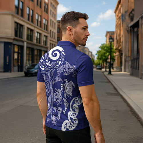 New Zealand Sea Animals with Maori Tribal Tattoo Zipper Polo Shirt Blue Color