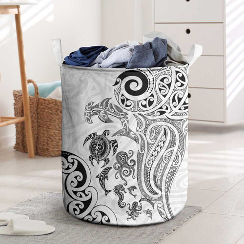 New Zealand Sea Animals with Maori Tribal Tattoo Laundry Basket White Color