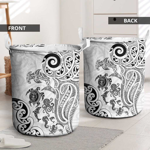 New Zealand Sea Animals with Maori Tribal Tattoo Laundry Basket White Color