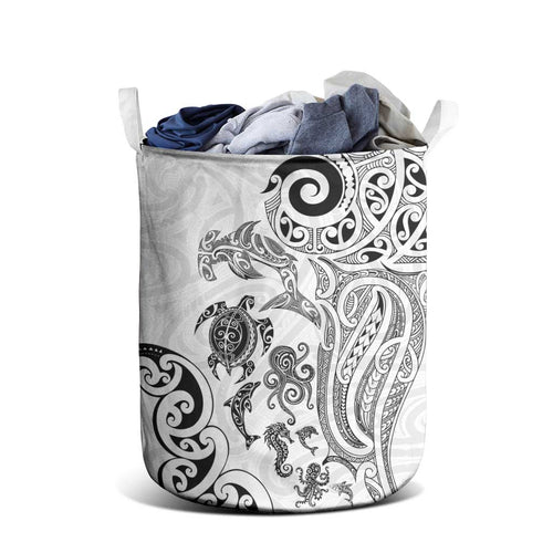 New Zealand Sea Animals with Maori Tribal Tattoo Laundry Basket White Color