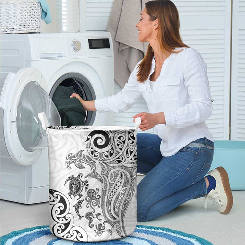New Zealand Sea Animals with Maori Tribal Tattoo Laundry Basket White Color