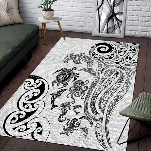 New Zealand Sea Animals with Maori Tribal Tattoo Area Rug White Color