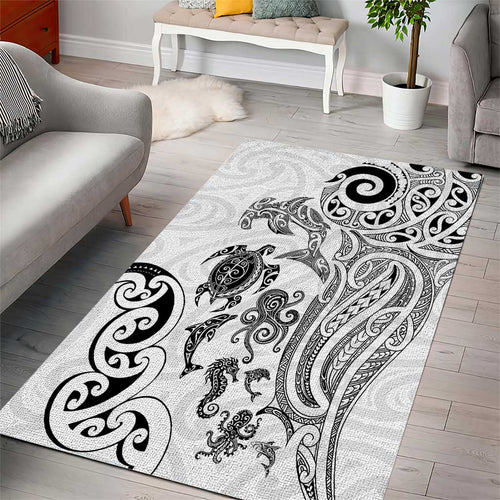 New Zealand Sea Animals with Maori Tribal Tattoo Area Rug White Color