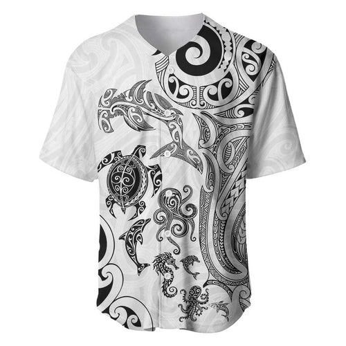 New Zealand Sea Animals with Maori Tribal Tattoo Baseball Jersey White Color