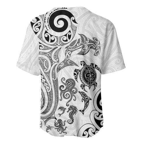 New Zealand Sea Animals with Maori Tribal Tattoo Baseball Jersey White Color