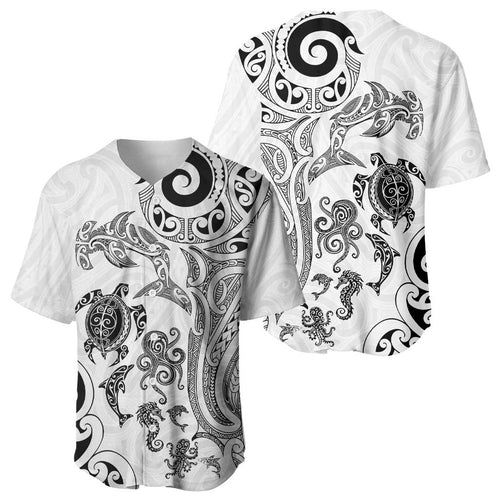 New Zealand Sea Animals with Maori Tribal Tattoo Baseball Jersey White Color