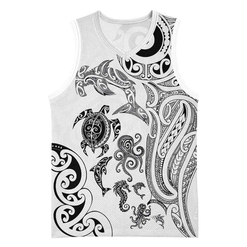 New Zealand Sea Animals with Maori Tribal Tattoo Basketball Jersey White Color
