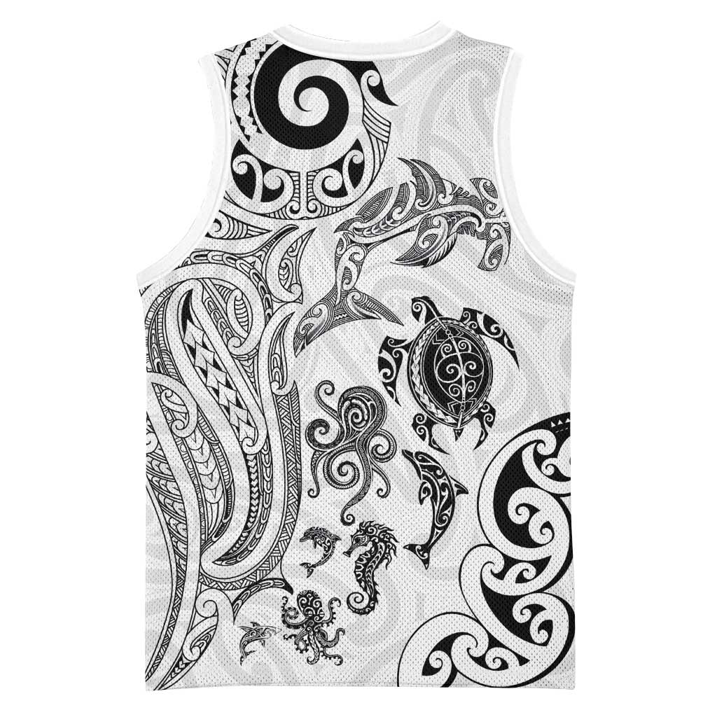 New Zealand Sea Animals with Maori Tribal Tattoo Basketball Jersey White Color