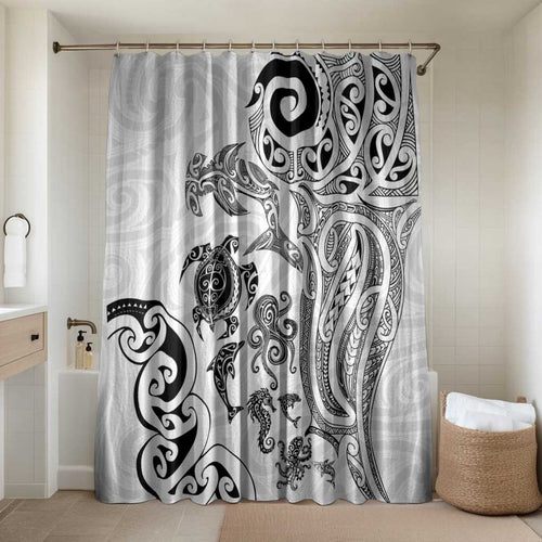 New Zealand Sea Animals with Maori Tribal Tattoo Bathroom Set White Color