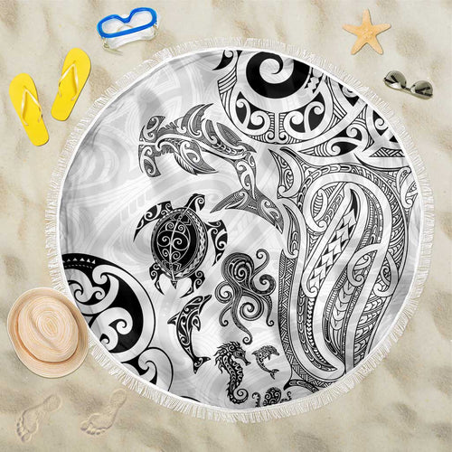 New Zealand Sea Animals with Maori Tribal Tattoo Beach Blanket White Color