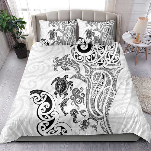 New Zealand Sea Animals with Maori Tribal Tattoo Bedding Set White Color