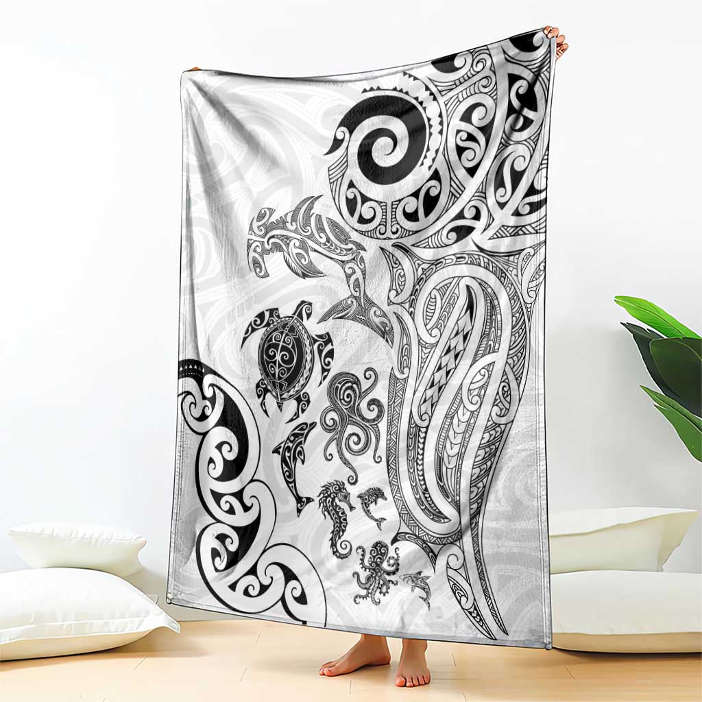 New Zealand Sea Animals with Maori Tribal Tattoo Blanket White Color